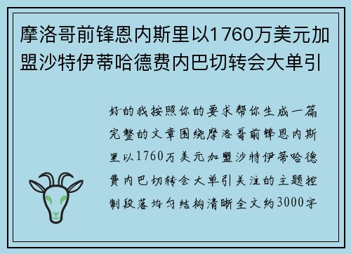 摩洛哥前锋恩内斯里以1760万美元加盟沙特伊蒂哈德费内巴切转会大单引关注